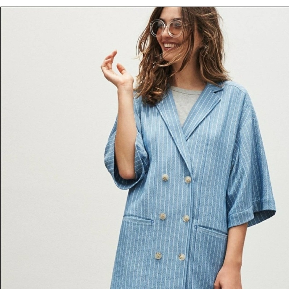 Anthropologie Maeve Blue Striped Double Breasted Blazer/ Dress/Jacket Oversized